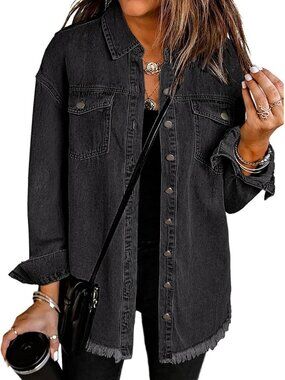 Oversized Frayed Hem Denim Shacket | Women's Button-Up Jean Jacket